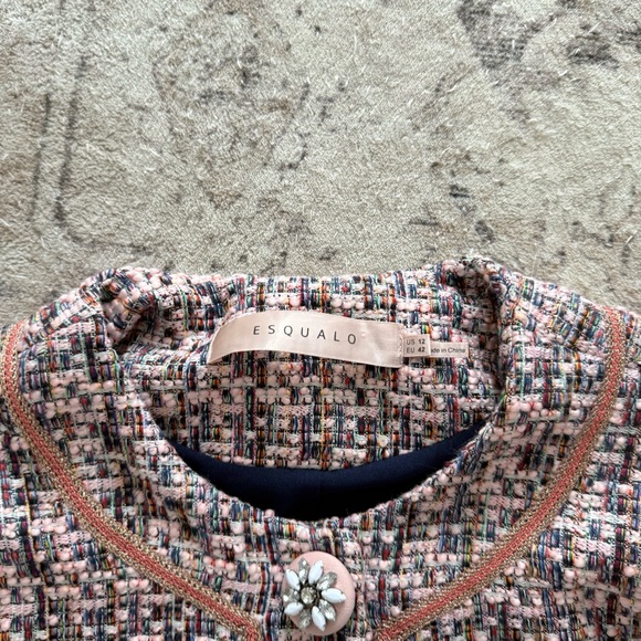 EsQualo Tweed Cropped Jacket Pink Preppy Chic Statement Buttons - Picture 10 of 13
